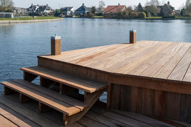 Nieuw aangelegde houten steiger met trap aan het water, omgeven door groen en woningen op de achtergrond.